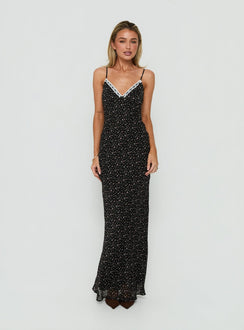 Alasia Lace Trim V Neck Maxi Dress Black Floral