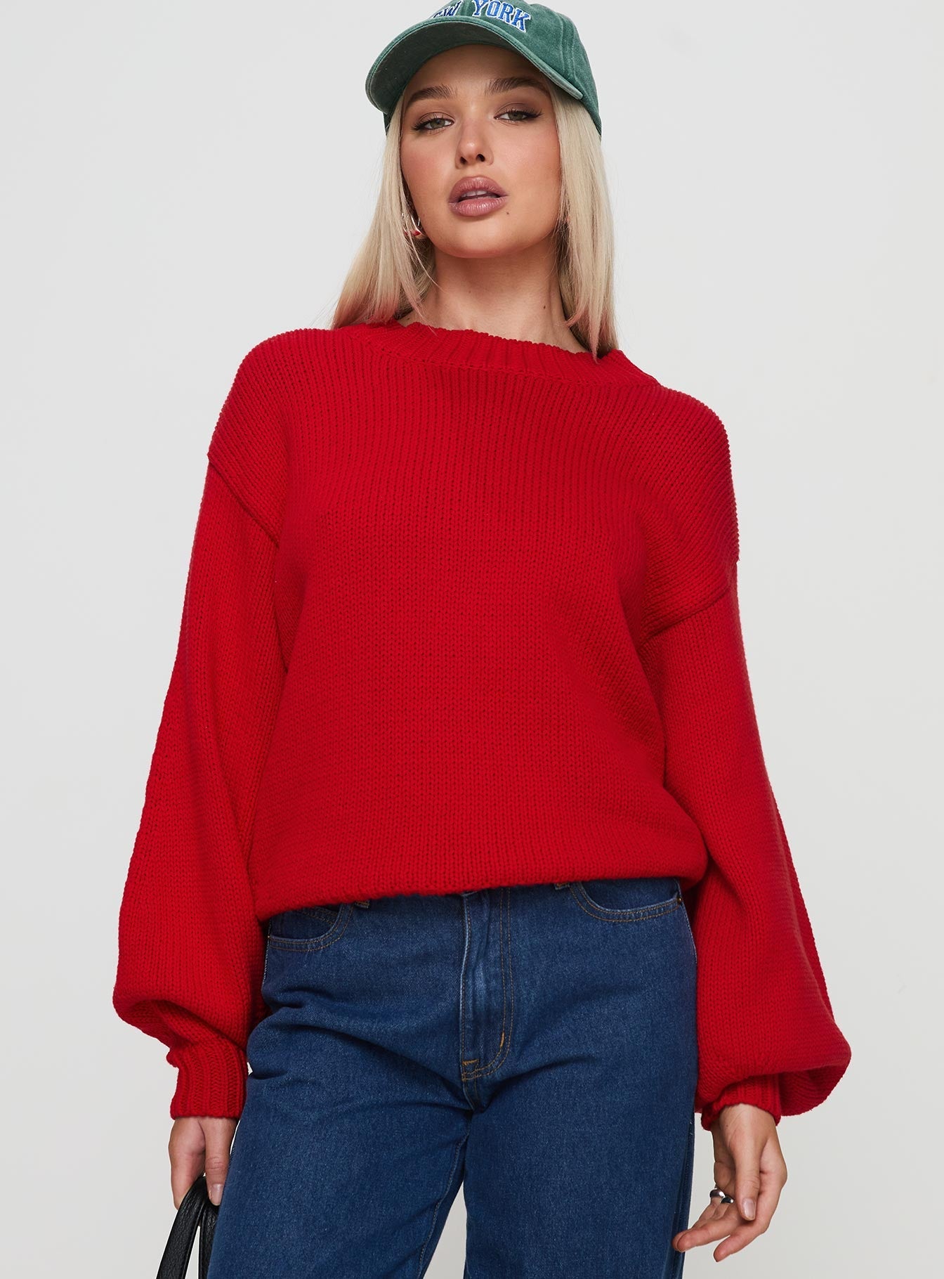 front view of model wearing Princess Polly Harmony Sweater Red 