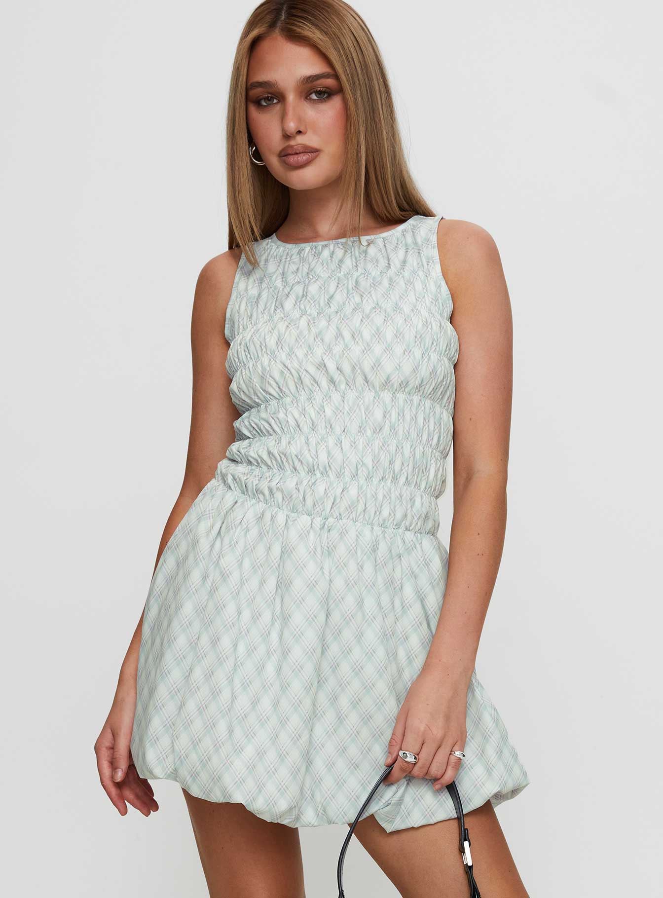 Demure Shirred Bubble Hem Mini Dress Check