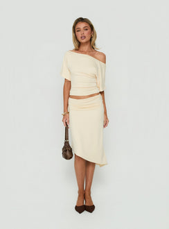 Featuring the Sezzia Ruched Asymmetrical Midi Skirt Beige womens-skirts with fitted silhouette and length detail Princess Polly