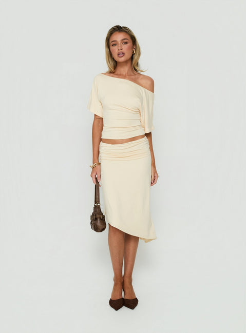 Featuring the Sezzia Ruched Asymmetrical Midi Skirt Beige womens-skirts with fitted silhouette and length detail Princess Polly