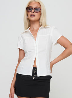 front view of model wearing Princess Polly Reverie Top White Short Sleeves V-Neck 