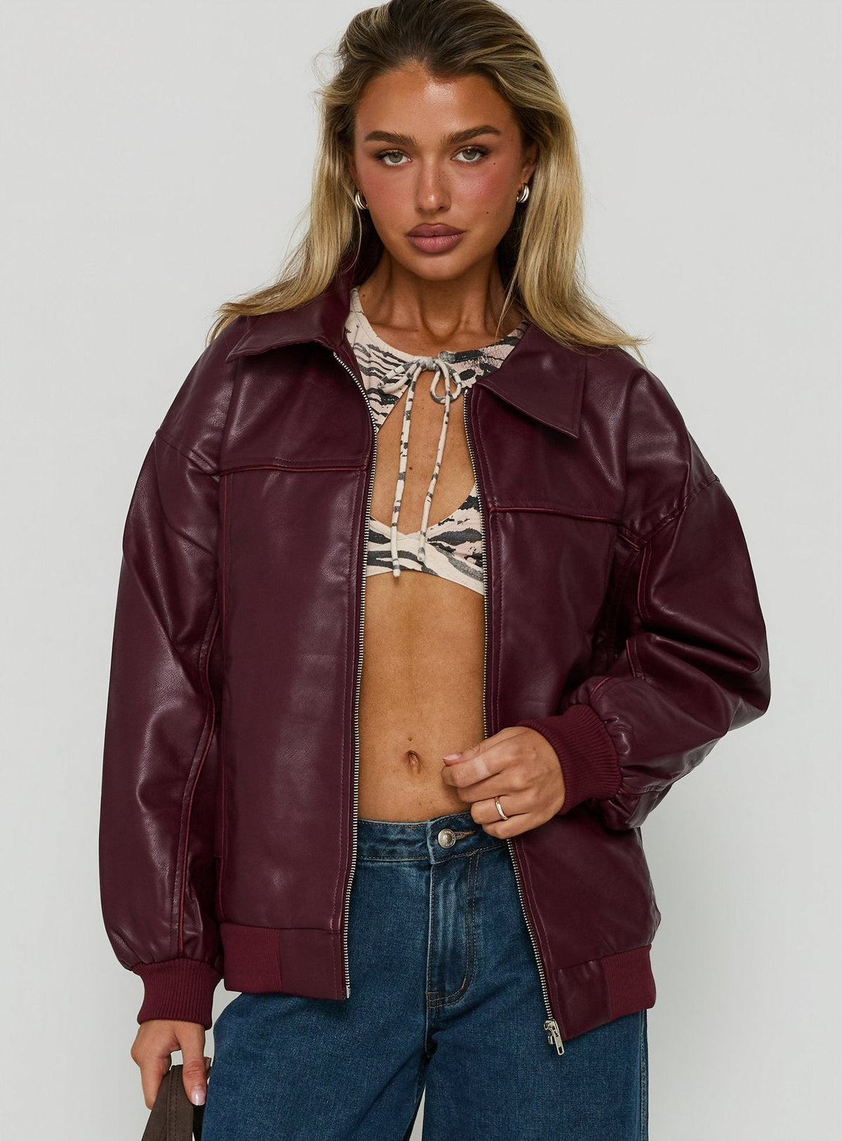 Goldsmith Faux Leather Bomber Jacket Burgundy