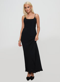 front view of model wearing Princess Polly Lagane Bias Cut Maxi Dress Black Scoop Neck 