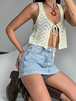 back view of model wearing Princess Polly Heuston Skort Denim High Waisted Shorts 