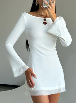 front view of model wearing Princess Polly Lukea Long Sleeve Mini Dress White Petite Boat Neck 