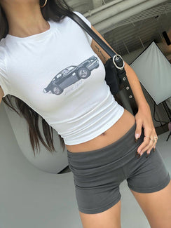 back view of model wearing Princess Polly Take Me Out Shorts Slate High Waisted Shorts 