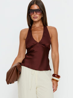 Remarkable Satin Plunge Neck Top Chocolate