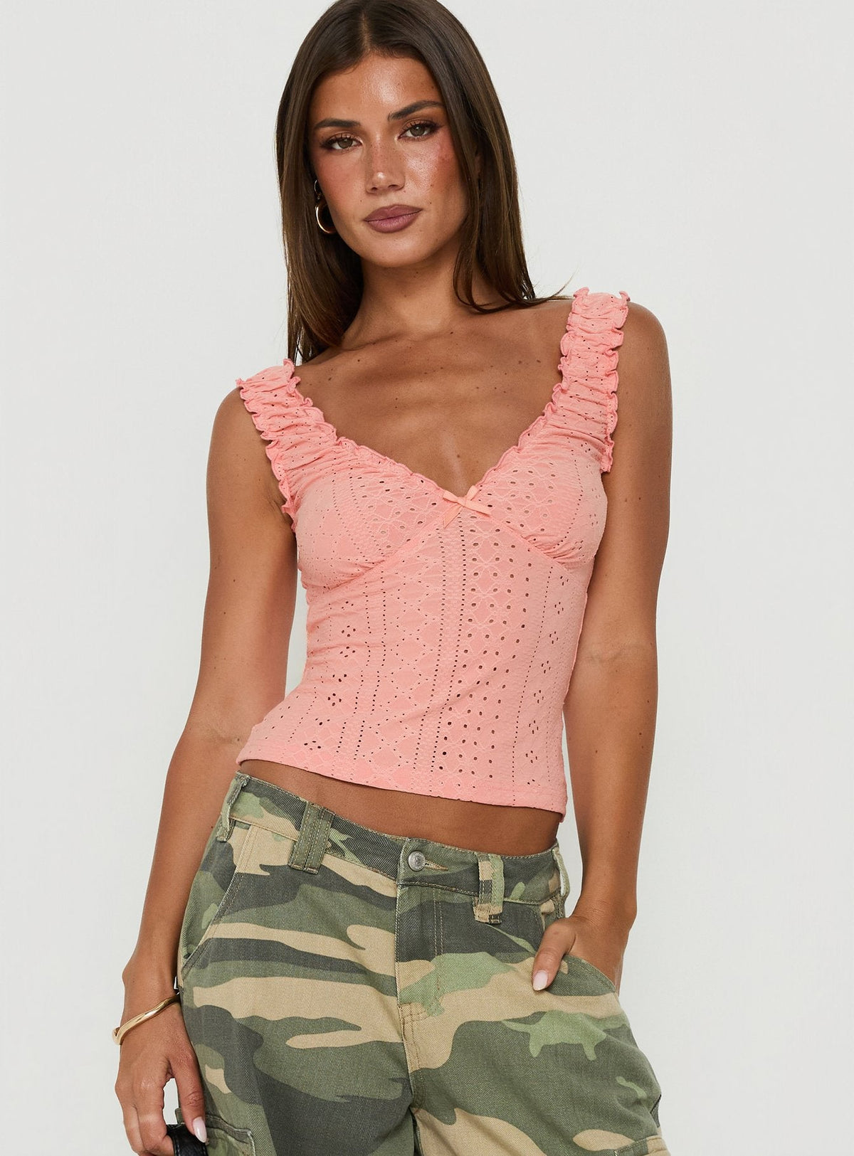 Bethinae Ruched V Neck Top Coral Anglaise