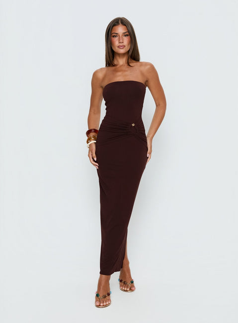 brown tube dress Cutout Faux Leather Tube Maxi Dress Brown / Large main image 1