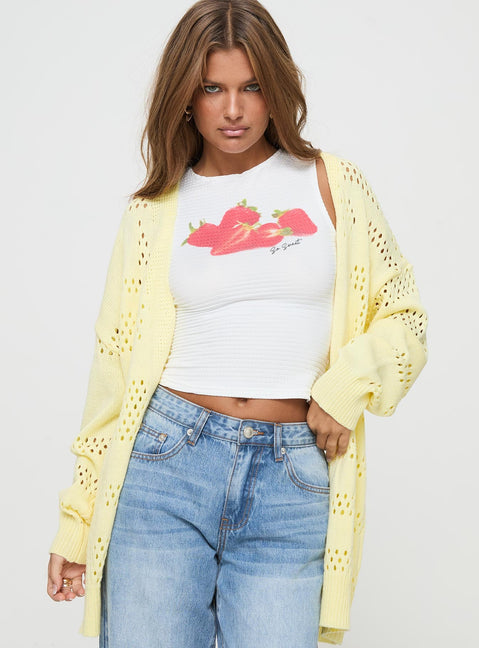Yellow Knit cardigan Drop shoulder, ribbed cuff & hem