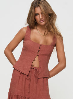 Rust Linen top Square neck, button up fastening