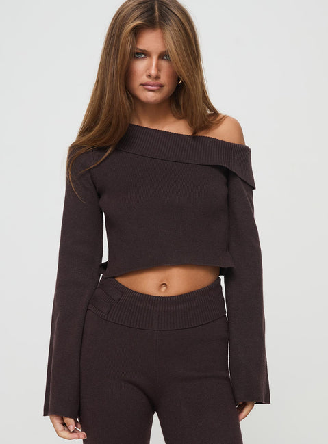 front view of model wearing Princess Polly Sina Off The Shoulder Top Chocolate Full Sleeves Asymmetric Neckline 