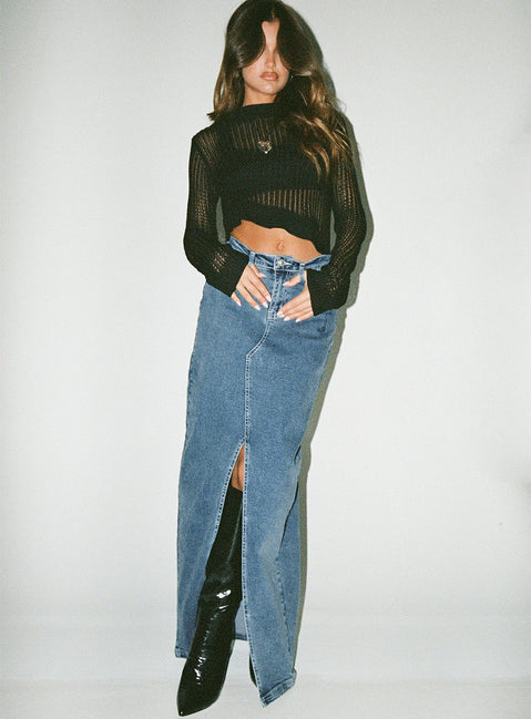 Front view of model wearing  front Batkins Maxi Skirt Dark Wash Denim Princess Polly  Maxi 