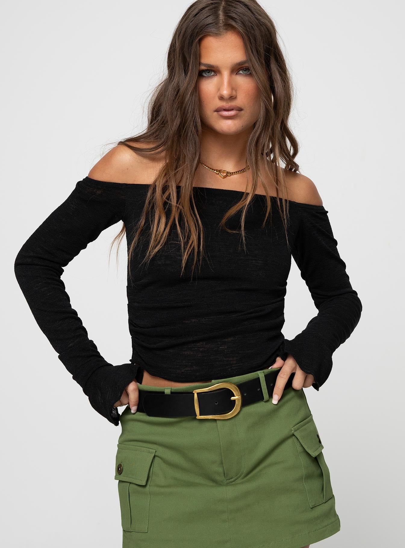 Front view of model wearing  front Princess Polly Full Sleeves Boat Neck  Taroona Off The Shoulder Top Black