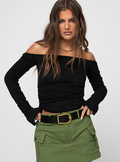 Front view of model wearing  front Princess Polly Full Sleeves Boat Neck  Taroona Off The Shoulder Top Black