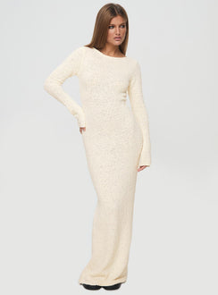 Long sleeve maxi dress Boucle material, low back, sheer knit, tie fastening at back&nbsp;
