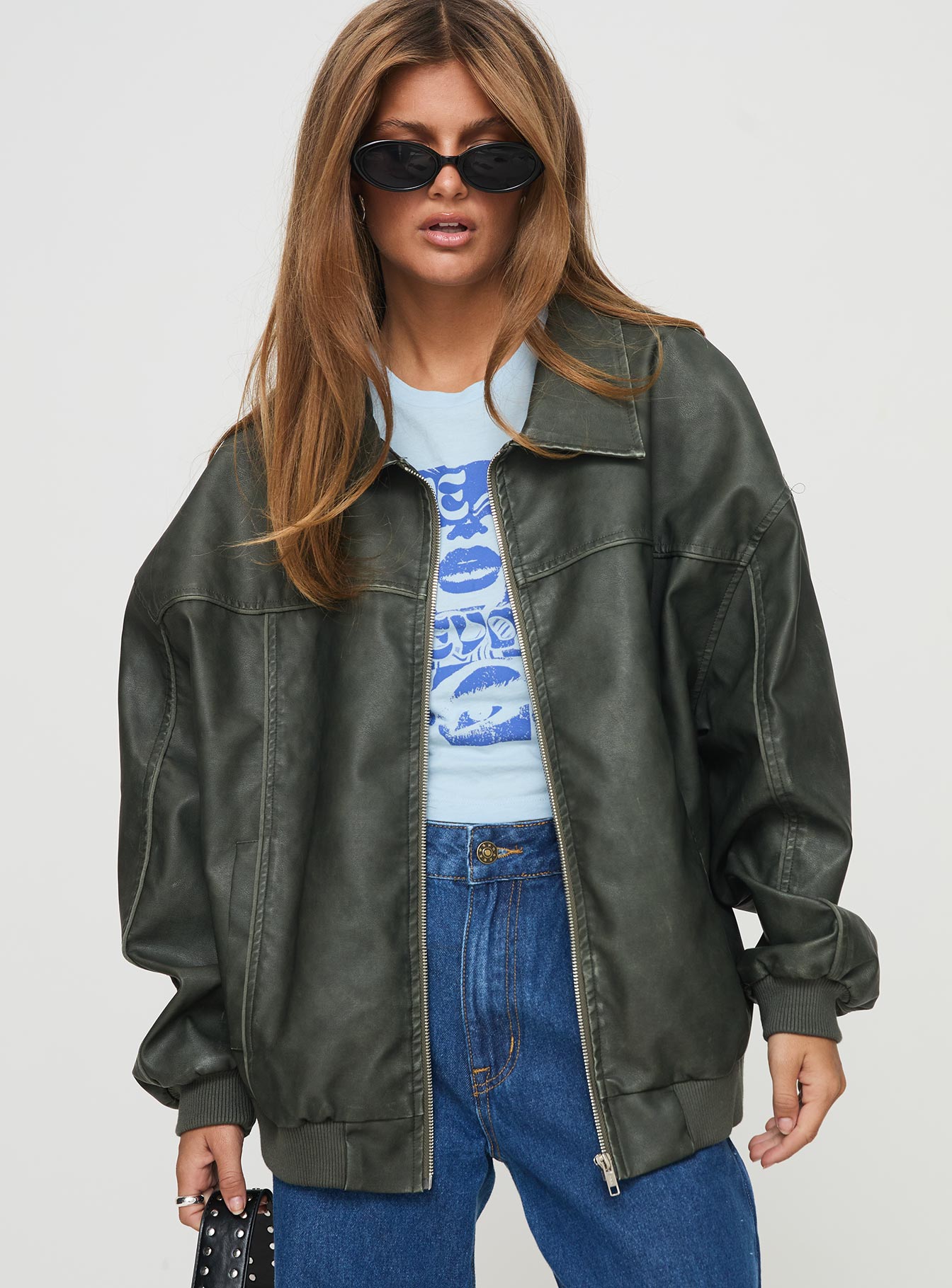 Faux leather bomber jacket Classic collar, ribbed waistband and cuffs, zip front fastening, twin hip pockets 
