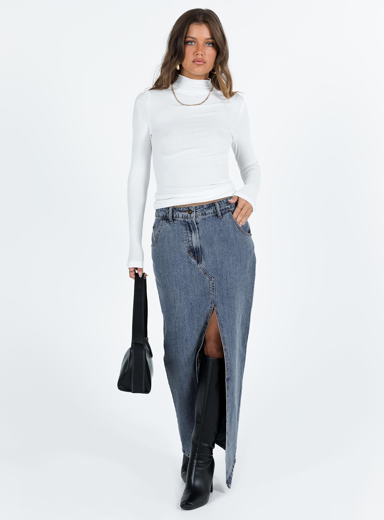 product Barbara Split Midi Skirt Faded Denim Princess Polly  Maxi 