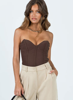 front view of model wearing Princess Polly Marishka Bodysuit Brown Sleeveless Sweetheart 