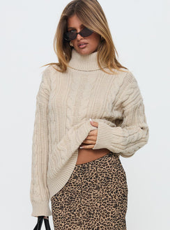 front view of model wearing Princess Polly Bryden Turtleneck Cable Knit Sweater Beige Long 