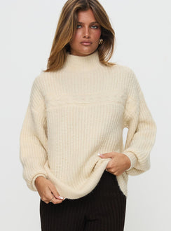 front view of model wearing Princess Polly Wistfully Funnel Neck Knit Sweater Cream Long 