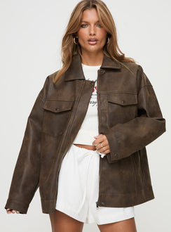 Faux leather jacket Zip front fastening, pointed collar, twin chest & hip pockets, single button on cuff, drop shoulder