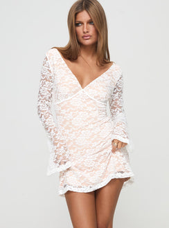 Long sleeve mini dress Lace material, v neckline, tie fastening at back