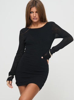 Black long sleeve mini dress High neckline, low scooped back