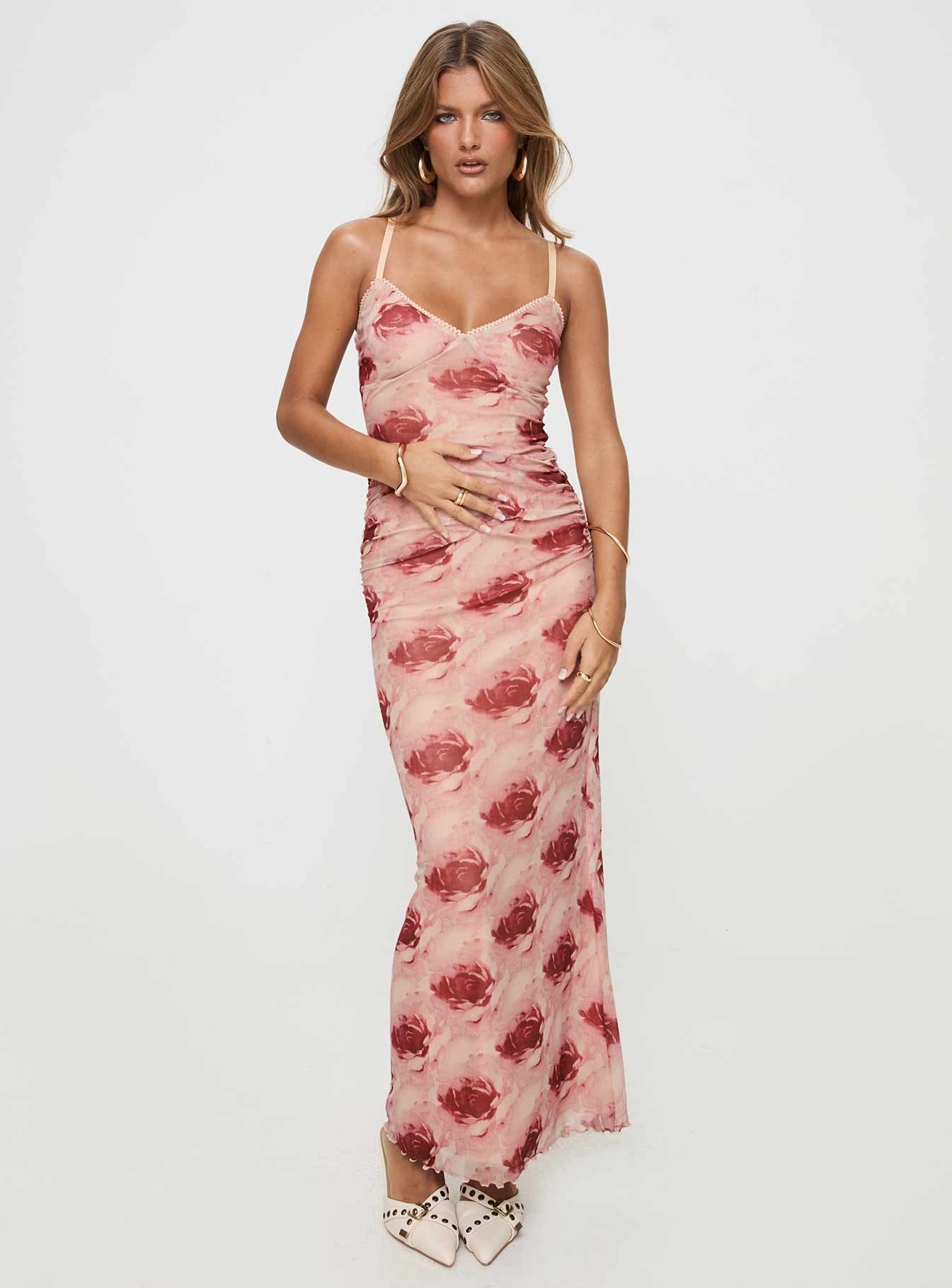 front view of model wearing Princess Polly Louette Maxi Dress Floral V-Neck 