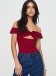Off-the-shoulder bodysuit Twist & pinched bust with frill detail, high cut neg, cheeky style bottom, press clip fastening at base Good stretch, lined bust
