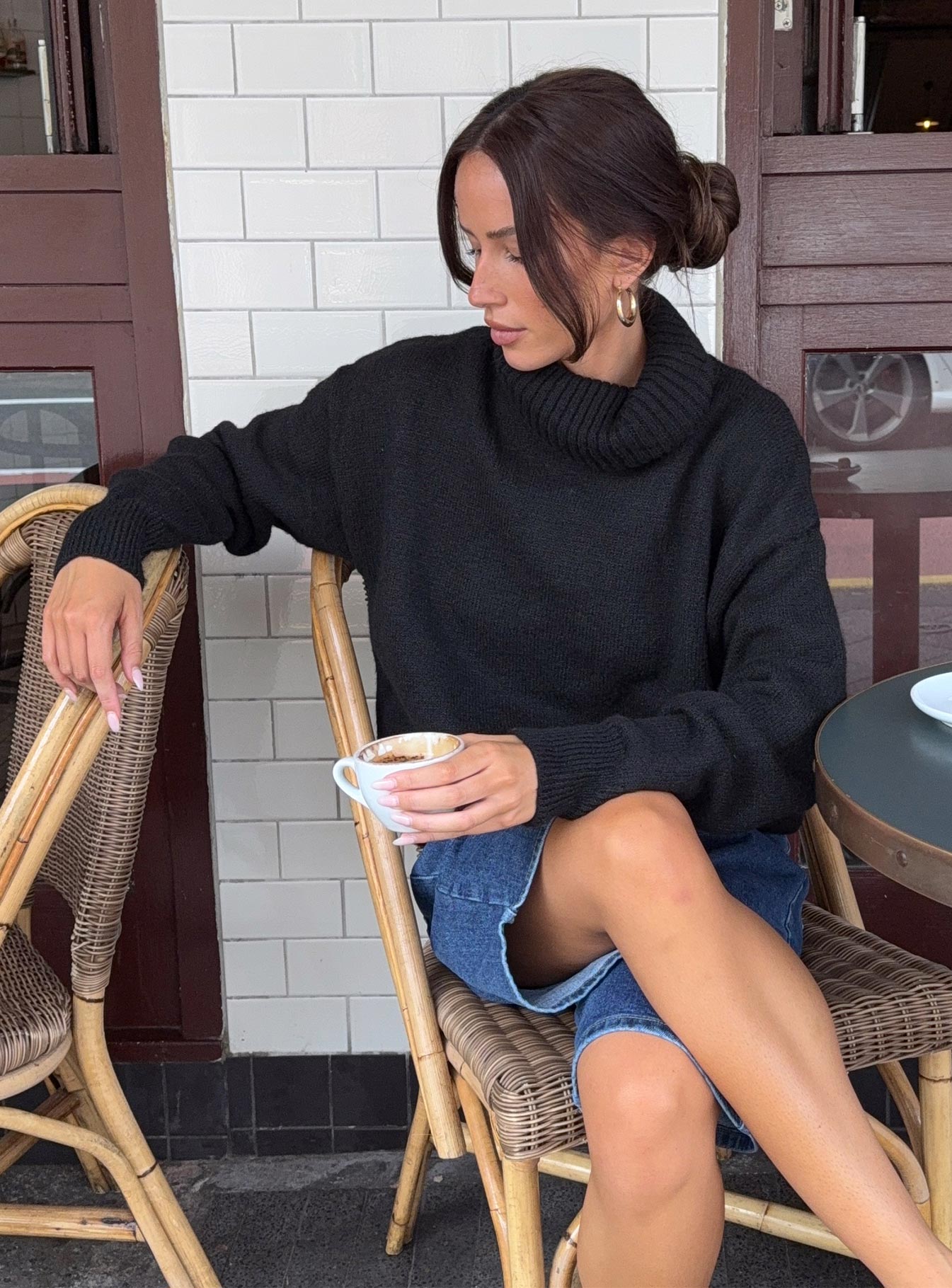 front view of model wearing Princess Polly Oswin Turtleneck Sweater Black Long 