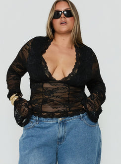 Kecia Long Sleeve Lace Top Black Curve
