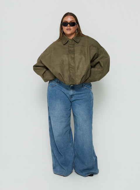 Enlightened Faux Suede Bomber Jacket Khaki Curve
