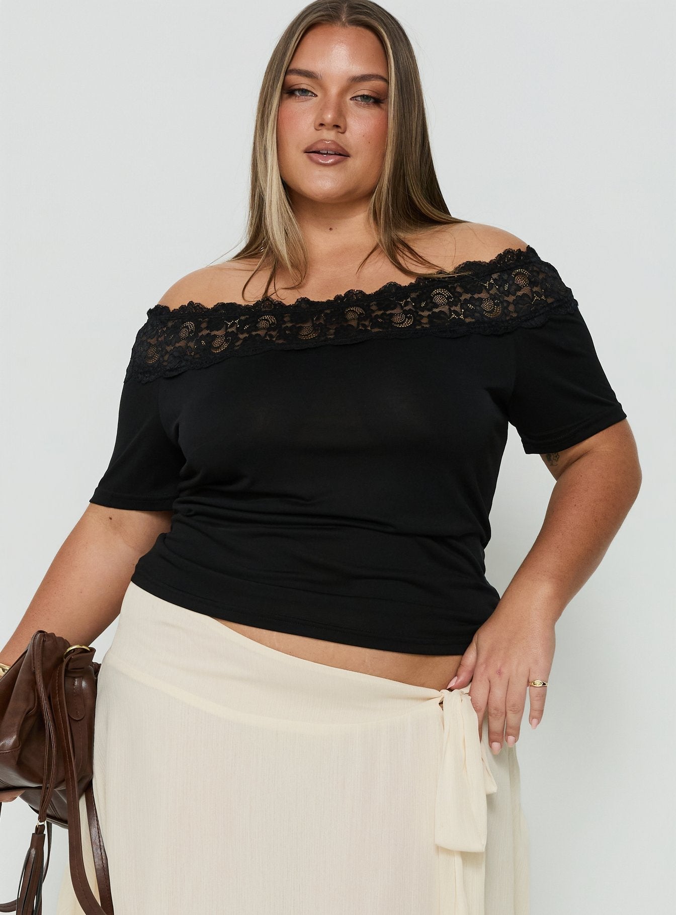 Breiann Lace Off Shoulder Short Sleeve Top Black Curve