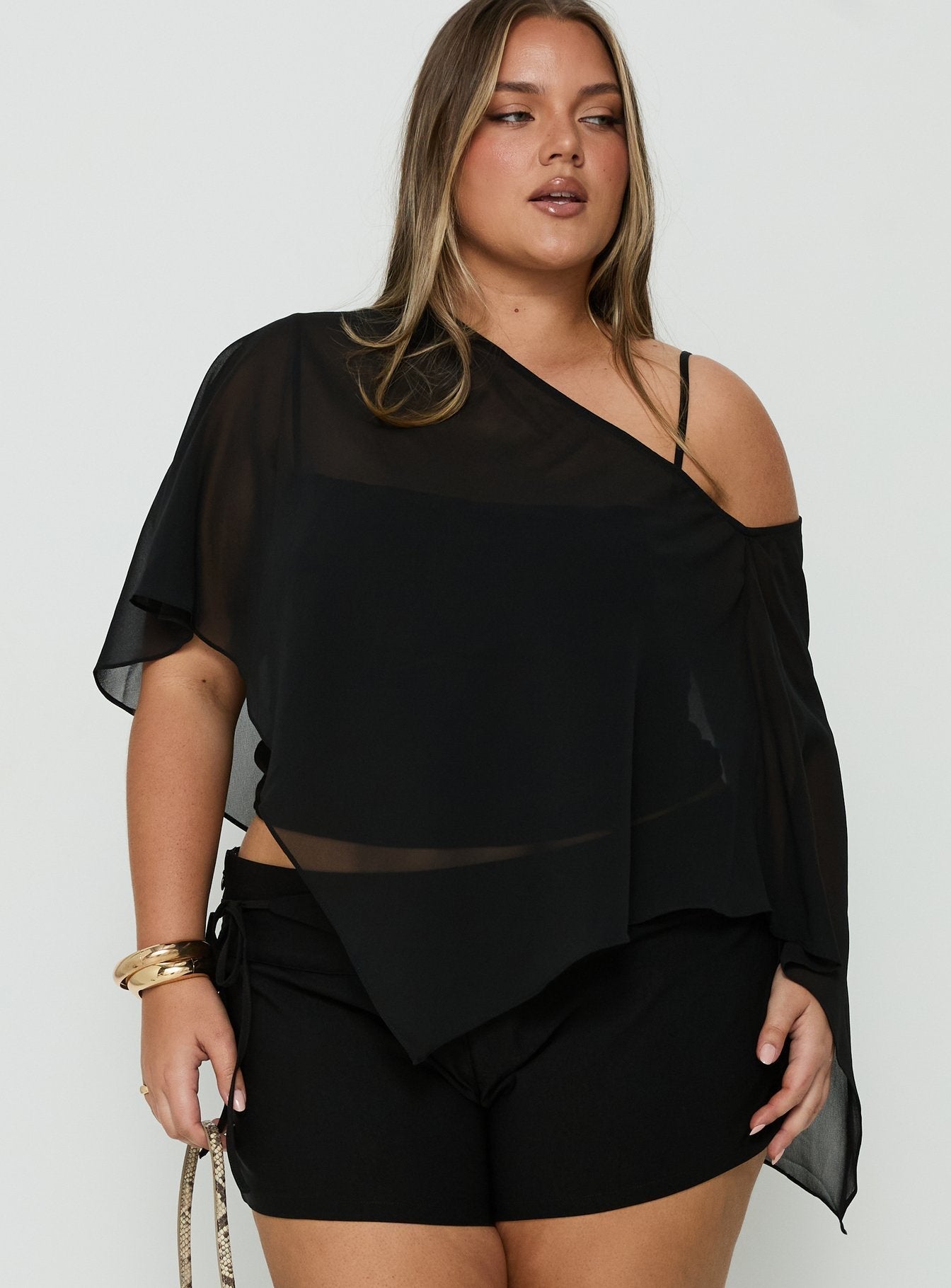 Senzo Chiffon Poncho Top Black Curve