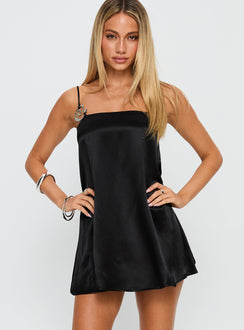front view of model wearing Princess Polly Apple Cider Mini Dress Black Square Neck 