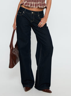 side view of model wearing Princess Polly Tidal Wave High Rise Straight Leg Jeans Raw Denim Mid Rise Jeans 
