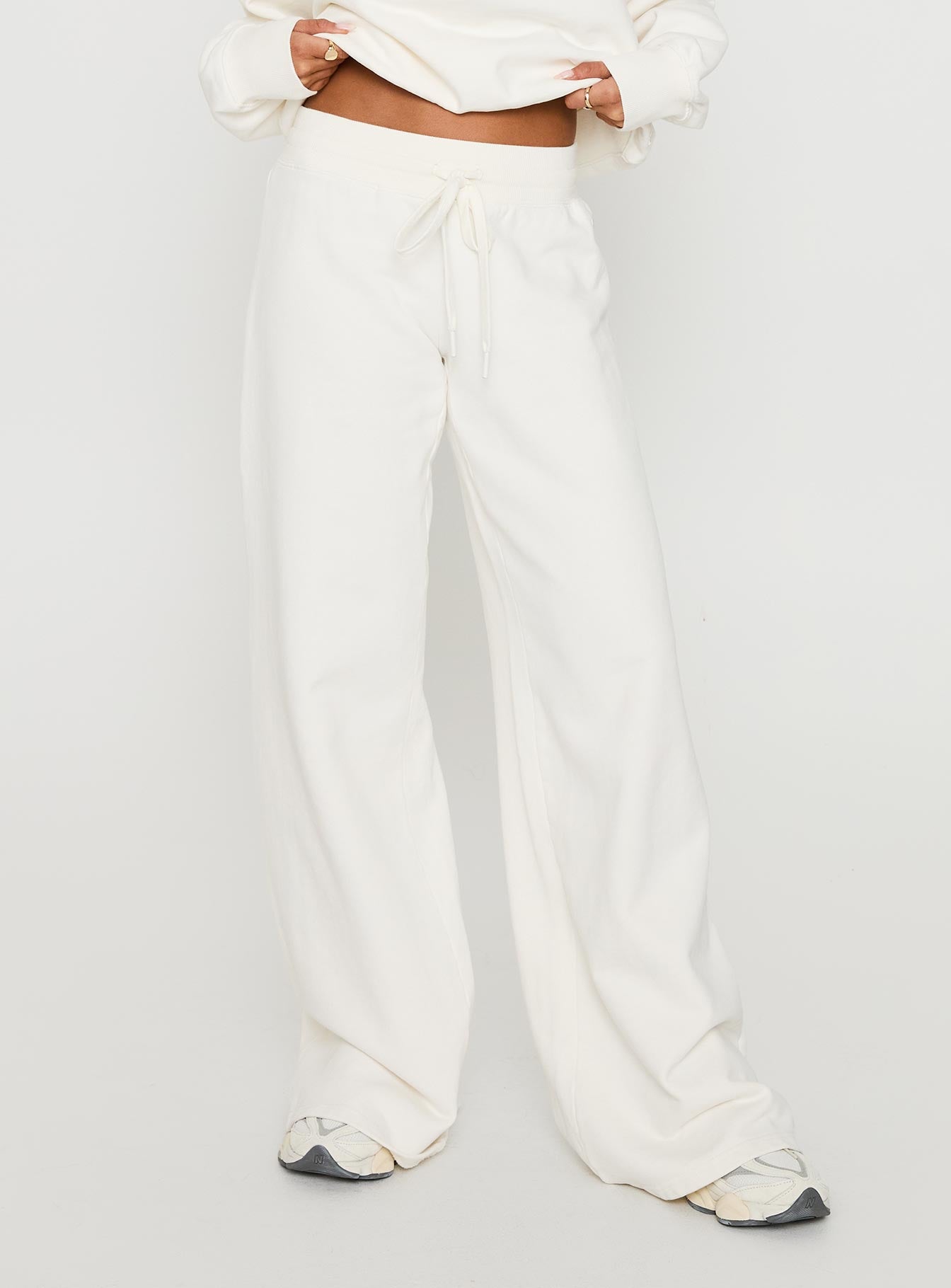 front view of model wearing Princess Polly Dodie Wide Leg Pants Washed White High Rise Pants 