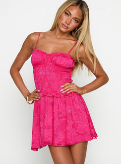 front view of model wearing Princess Polly Karmic Shirred Mini Dress Magenta Sweetheart Neckline 