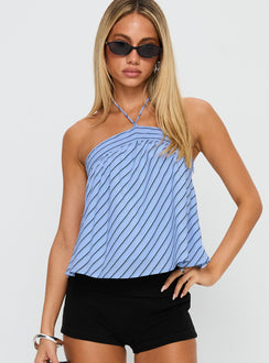 front view of model wearing Princess Polly Moonlit Top Blue Stripe Sleeveless 