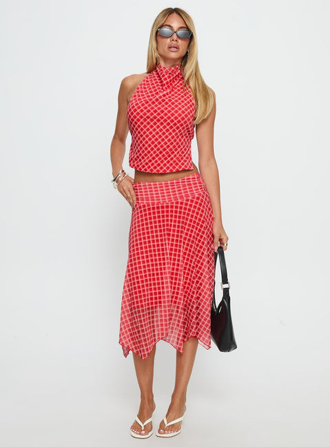   side view of model wearing Princess Polly Scenic Route Asymmetrical Midi Skirt Red Check Midi Skirts 