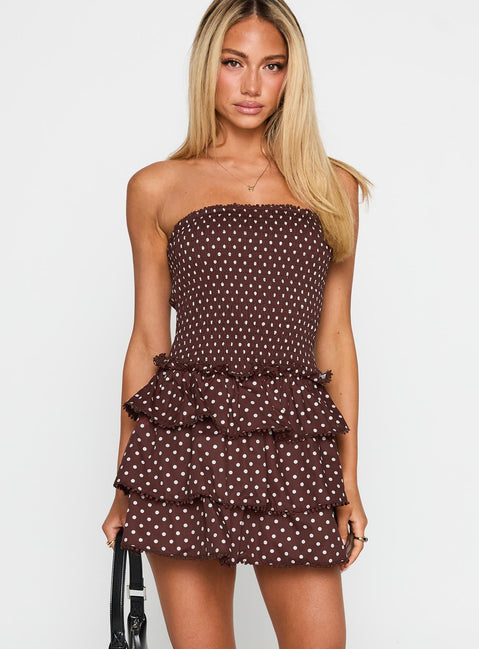 front view of model wearing Princess Polly Sunkiss Frill Mini Dress Brown Polka Straight Neck 