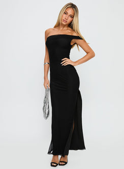 front view of model wearing Princess Polly Technique Off The Shoulder Maxi Dress Black Asymmetric Neckline 