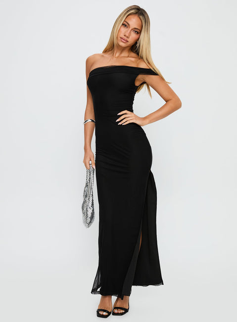 front view of model wearing Princess Polly Technique Off The Shoulder Maxi Dress Black Asymmetric Neckline 