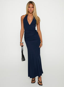 front view of model wearing Princess Polly Casino Halter Maxi Navy Plunger 