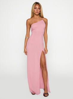 front view of model wearing Princess Polly Kiss Of Life Chiffon Maxi Dress Pink Asymmetric Neckline 