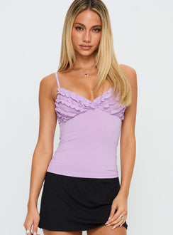 front view of model wearing Princess Polly Kienan Top Lilac Sleeveless Plunger 