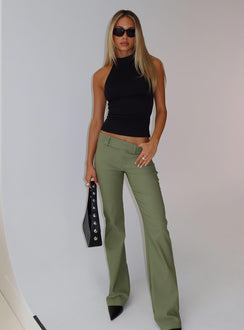 front view of model wearing Princess Polly Kinkirk Flared Pants Olive Green Low Rise Pants 