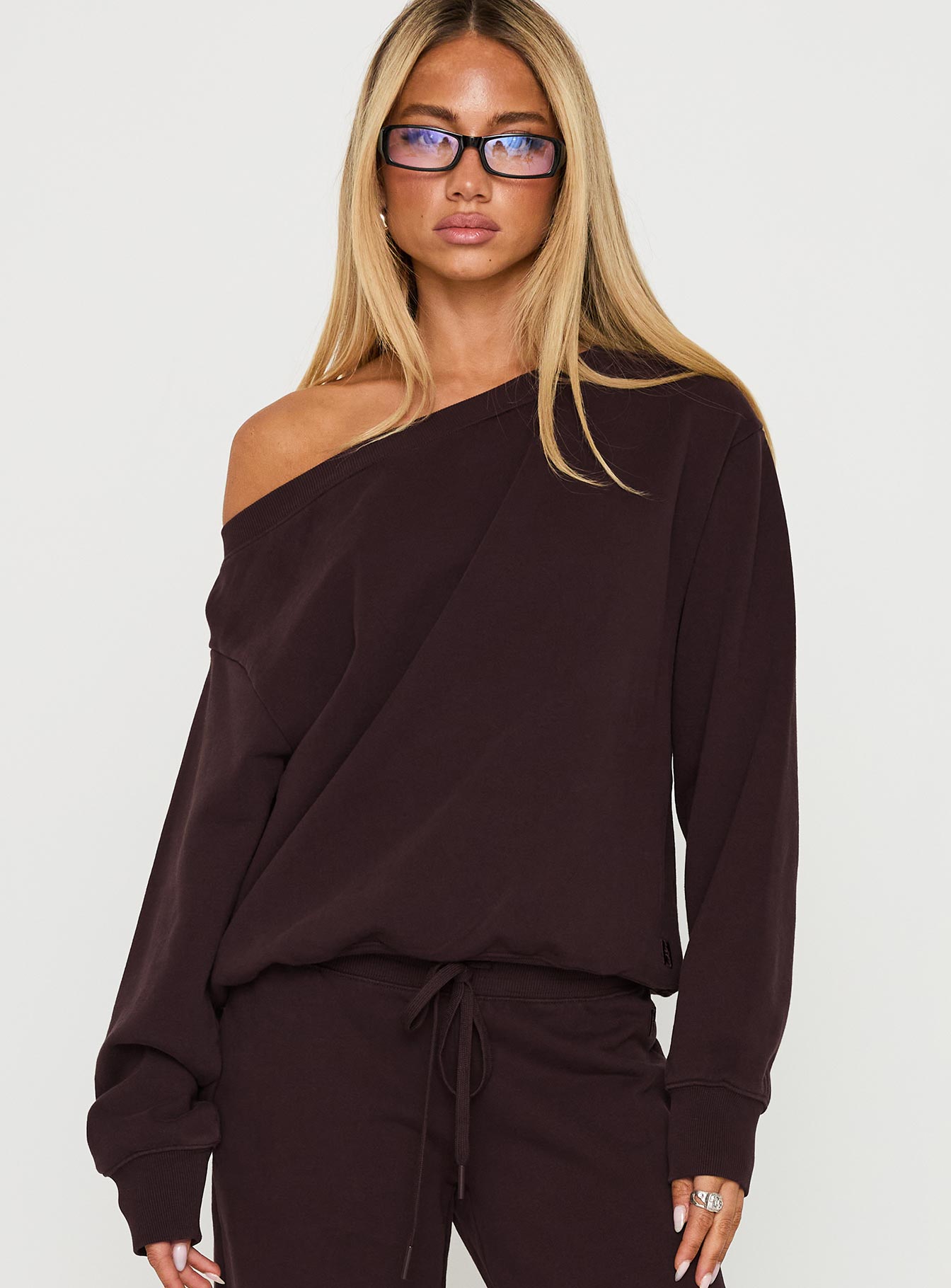 front view of model wearing Princess Polly Wellness Off The Shoulder Jumper Brown Cropped Jumpers 